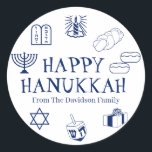 Happy Hanukkah blue white custom name gift favours Classic Round Sticker<br><div class="desc">Happy Hanukkah,  customise family name gift favour stickers 
Happy Hanukkah,  Happy Chanukah,  Hanukkah Sameach!,  Chag Sameach!,  Chag Urim Sameach!
Navy blue and white</div>
