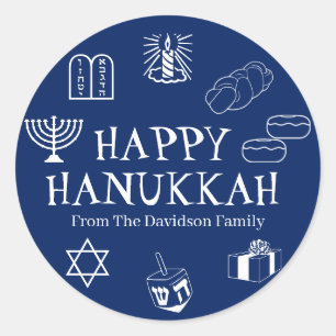 Happy Hanukkah blue white custom name gift favours Classic Round Sticker