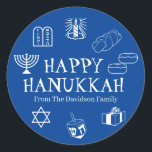 Happy Hanukkah blue white custom text cute modern Classic Round Sticker<br><div class="desc">Happy Hanukkah,  customise family name gift favour stickers.
Happy Hanukkah,  Happy Chanukah,  Hanukkah Sameach!,  Chag Sameach!,  Chag Urim Sameach!
Blue and white</div>