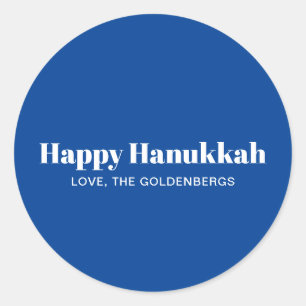 Happy Hanukkah blue white minimalist personalised Classic Round Sticker