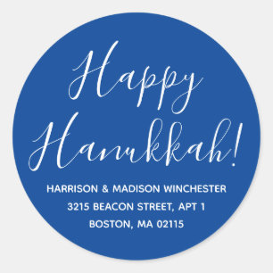 Happy Hanukkah blue white script return address Classic Round Sticker