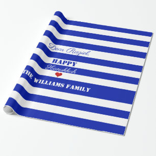 Happy Hanukkah Blue White Striped Pattern Heart Wrapping Paper