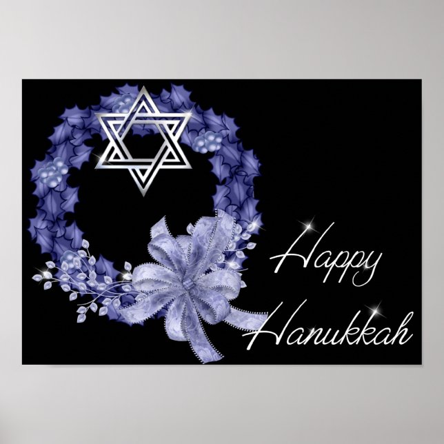 Happy Hanukkah Blue Wreath/Star Designed Print (Front)