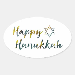 happy hanukkah bokeh oval sticker