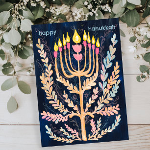 Happy Hanukkah Botanical Menorah Watercolor Holiday Card