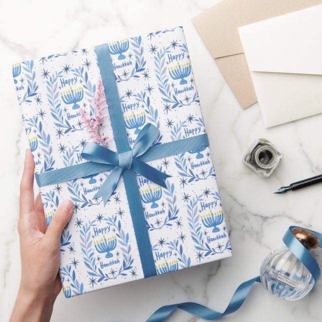 Happy Hanukkah Botanical Menorah Watercolor Wrapping Paper (Gifting)