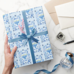 Happy Hanukkah Botanical Menorah Watercolor Wrapping Paper