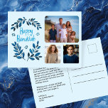 Happy Hanukkah Botanical Watercolor CUSTOM 3 Photo Holiday Postcard<br><div class="desc">Sweet drawing to wish someone happy hanukkah! Click "personalise" to add your own photos to the front and text to the back side. Also available as greeting card or digital download to send instantly via email or text message. Check my shop for more or let me know if you'd like...</div>