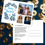 Happy Hanukkah Botanical Watercolor CUSTOM 3 Photo Holiday Postcard<br><div class="desc">Sweet drawing to wish someone happy hanukkah! Click "personalise" to add your own photos to the front and text to the back side. Also available as greeting card or digital download to send instantly via email or text message. Check my shop for more or let me know if you'd like...</div>