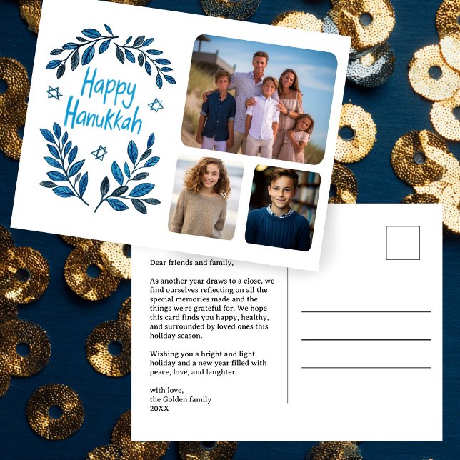 Happy Hanukkah Botanical Watercolor CUSTOM 3 Photo Holiday Postcard (Happy Hanukkah Botanical Watercolor CUSTOM 3 Photo Holiday Postcard
)