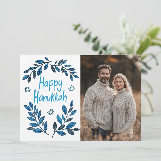 Happy Hanukkah Botanical Watercolor CUSTOM PHOTO Card (Standing Front)