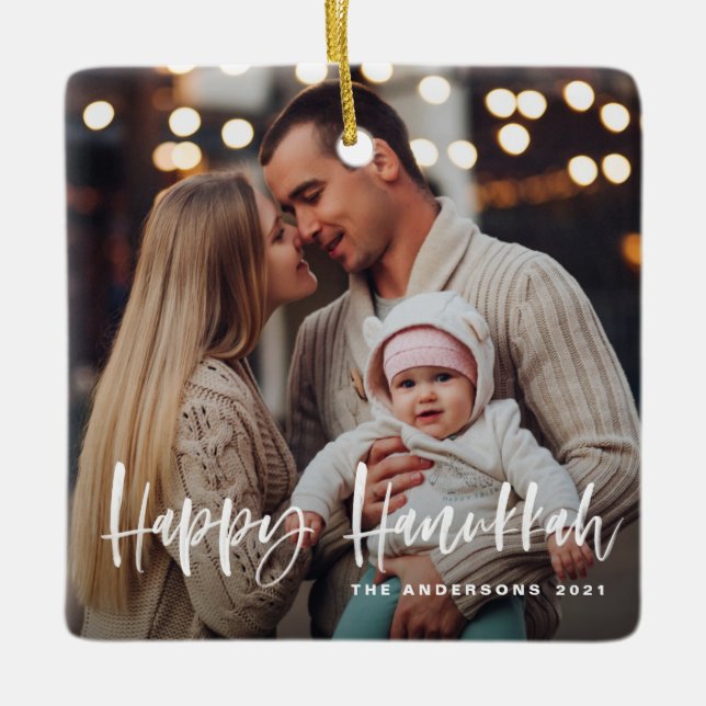Happy Hanukkah Brush Lettering Multi Photo Ceramic Ornament (Front)