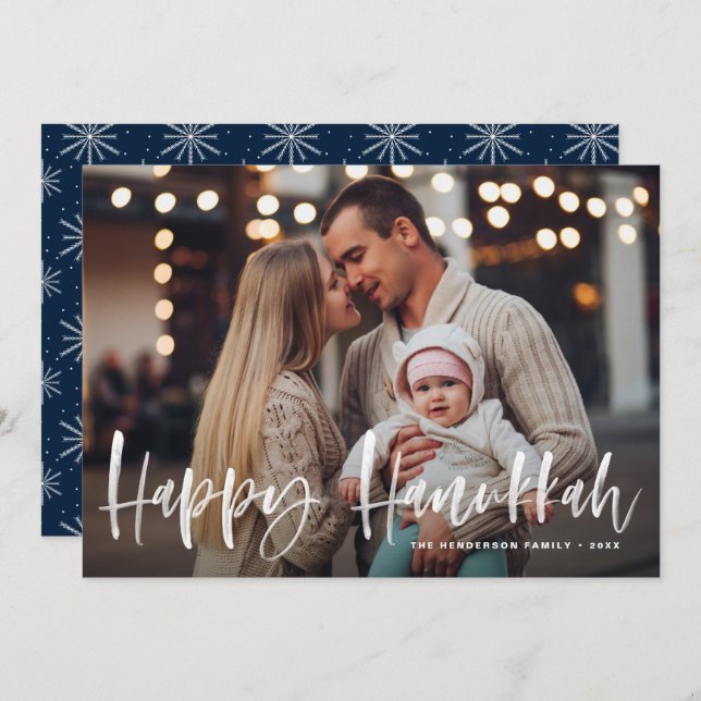 Happy Hanukkah Brush Lettering Photo Holiday Card (Front/Back)