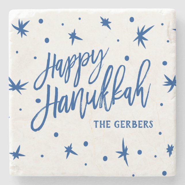 Happy Hanukkah Brush Script Custom Name Stone Coaster (Front)