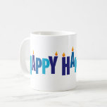 Happy Hanukkah Candles Holiday  Coffee Mug<br><div class="desc">Make Chanukah special and serve your best to family and friends with this decorative Hanukkah mug. The greeting "Happy Hanukkah" is spelled out in blue tonal colours. The letters serve as a menorah with small flames burning on top of nine "candle letters". Available with matching products.</div>