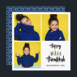 Happy Hanukkah Candles | Holidays 3 photos Invitation<br><div class="desc">Festive Hanukkah Holiday photo greeting card featuring three of your personal photo and "happy hanukkah" in hand lettered style brush typography and candles in shades of blues and yellows. Personalise the custom text with your name and year. Cards reverse to a pattern of white and yellow stars on a coordinated...</div>