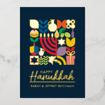 Happy Hanukkah / Chanukah Jewish Greeting Foil<br><div class="desc">Happy Hanukkah / Chanukah Modern Geometric Holiday Greetings in Real Gold Foil on Dark Navy. Menorah, Dreidel, Doughnuts, Stars & Olive oil... They are all here. Jewish Hanukkah Symbols Space to add your personalised text on the front & reverse. Hebrew on the reverse says, "Chanukah Sameach" — Happy Hanukkah. This...</div>