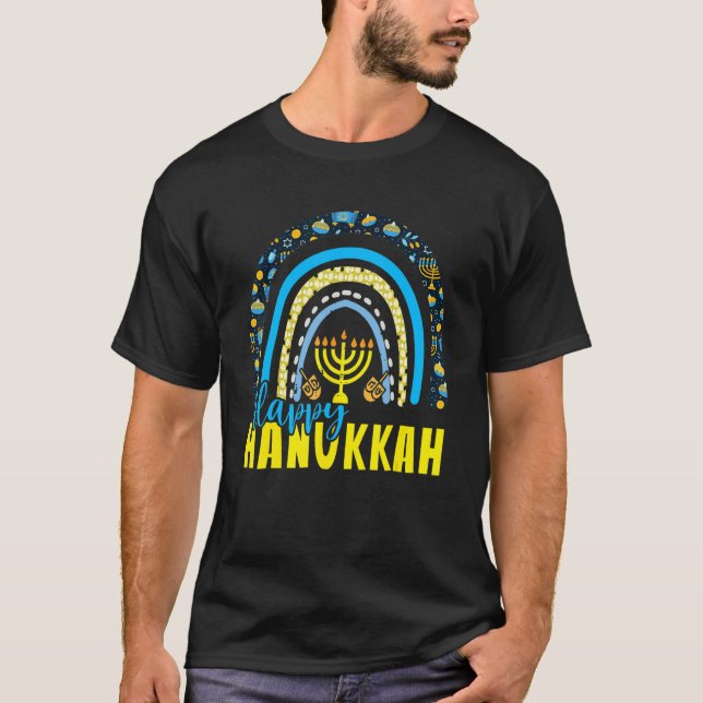 Happy Hanukkah Chanukah Rainbow Menorah Jewish Hol T-Shirt (Front)