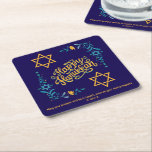 HAPPY HANUKKAH Chanukah Square Paper Coaster<br><div class="desc">Stylish HAPPY HANUKKAH Chanukah Paper Coasters, with CUSTOMIZABLE TEXT, especially designed with the Star of David, corner embroidery and descriptive typography. The Scripture verse at the bottom is CUSTOMIZABLE so you can add your personalised message, eg. your name, family name or organisation's name. These Hanukkah Coasters would be a stylish...</div>