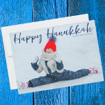Happy Hanukkah Chic Modern Minimalist Photo Holiday Card<br><div class="desc">Modern customisable Jewish full photo Hanukkah card with a winter photograph of your child or family with blue script overlay. Customise these cute minimalist Chanukah cards.</div>