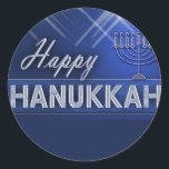 Happy Hanukkah Classic Round Sticker<br><div class="desc">Blue and white stars with menorah and stars with Happy Hanukkah in silver lettering.  Perfect Haukkah design for your decorations and festivities.</div>