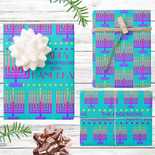 Happy Hanukkah Colourful Menorah Turquoise Pattern Wrapping Paper Sheet