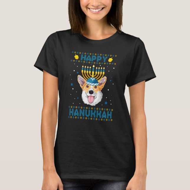 Happy Hanukkah Corgi Dog Ugly Hanukkah Sweater (Front)