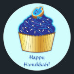 Happy Hanukkah: Cupcake with Cookie Classic Round Sticker<br><div class="desc">This design celebrates Hanukkah! For matching items type "penguincornerstore hanukkah" into the Zazzle search bar.</div>