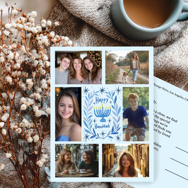 HAPPY HANUKKAH CUSTOM 6 PHOTO Holiday Postcard (HAPPY HANUKKAH CUSTOM 6 PHOTO Collage Holiday Postcard
)