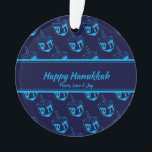 HAPPY HANUKKAH Customised Dreidel Blue Cyan Ornament<br><div class="desc">Stylish, elegant ornament for your HANUKKAH decor. Design shows a cyan dreidel print in a tiled pattern with customisable placeholder text which you can replace with your own choice of greeting and text. The colour scheme is midnight blue and cyan. Other versions are available. Matching items can be found in...</div>