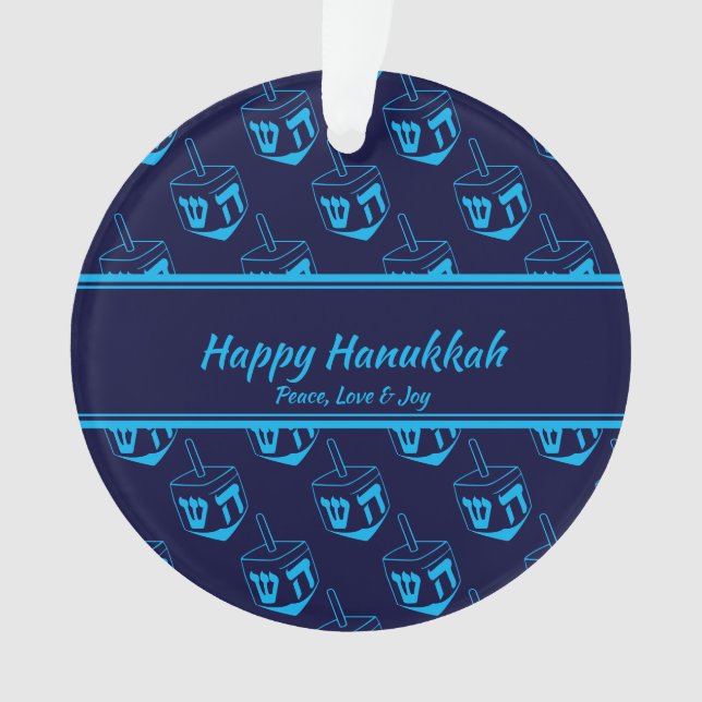 HAPPY HANUKKAH Customised Dreidel Blue Cyan Ornament (Front)