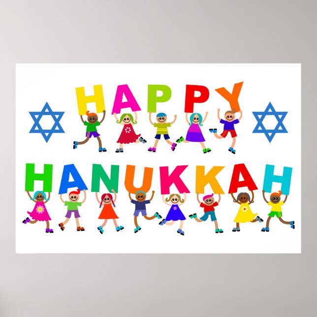 Happy Hanukkah Cute Cartoon Diverse Kids Text Poster (Front)