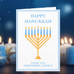 Happy Hanukkah Cute Customisable Menorah Holiday Card<br><div class="desc">Cute custom Happy Hanukkah card for a Jewish family or a Chanukah party with a synagogue. Personalise with your own last name or group information in blue under the pretty blue menorah.</div>