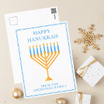 Happy Hanukkah Cute Customisable Menorah Postcard<br><div class="desc">Cute custom Happy Hanukkah postcard for a Jewish family or a Chanukah party with a synagogue. Personalise with your own last name or group information in blue under the pretty blue and gold menorah.</div>