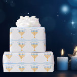 Happy Hanukkah Cute Customisable Menorah Wrapping Paper<br><div class="desc">Cute custom Happy Hanukkah wrapping paper for a Jewish family having a Chanukah party with a synagogue. Personalise with your own last name or group information in blue under the pretty blue and gold menorah.</div>