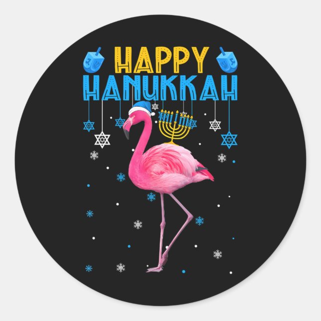 Happy Hanukkah Cute Flamingo Menorah Jewish Proud Classic Round Sticker (Front)