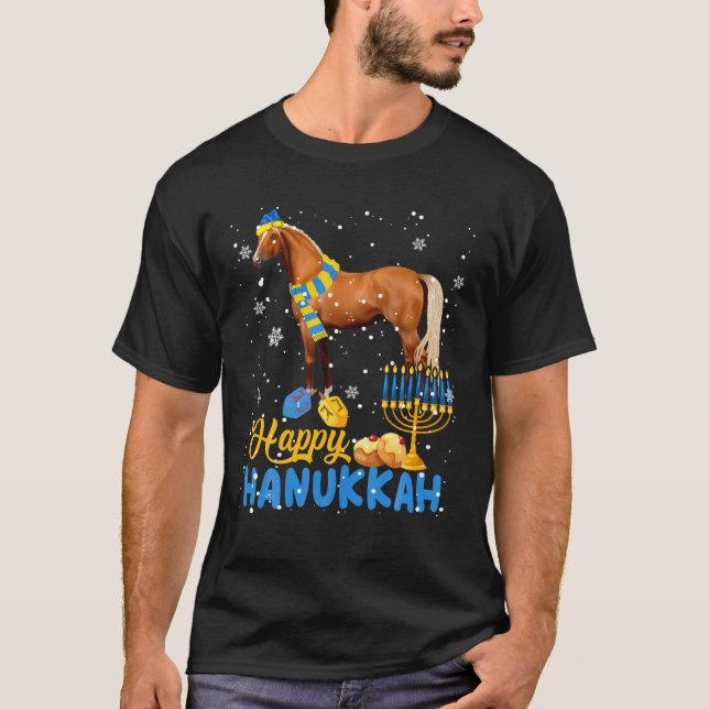 Happy Hanukkah Cute Hanukkah Horse Menorah Jewish T-Shirt (Front)