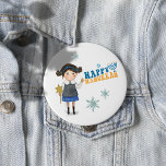 Happy Hanukkah Cute Jewish Girl<br><div class="desc">Have fun with this cute Button featuring a Jewish girl in blue-toned clothing with nice blue and yellow typography with the Star of David.
You can check our collection for similar designs on t-shirts and also various other designs that were made specifically for the Hanukkah holiday.</div>