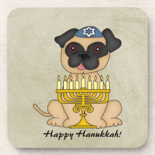 Happy Hanukkah-Cute Pug dog with Menorah Coaster
