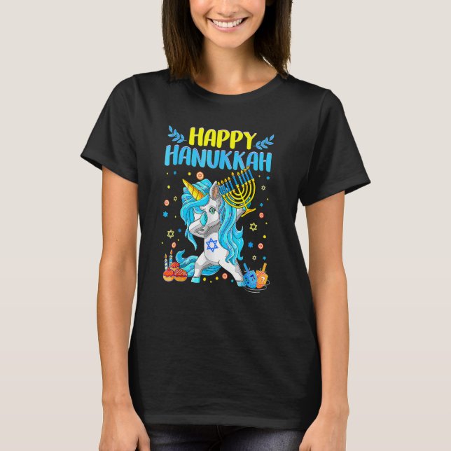Happy Hanukkah Dabbing Jewish Unicorn Kids Chanuka T-Shirt (Front)