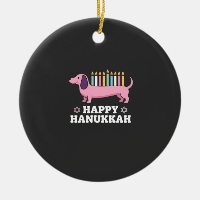 Happy Hanukkah Dachshund Dog Ceramic Tree Decoration (Front)