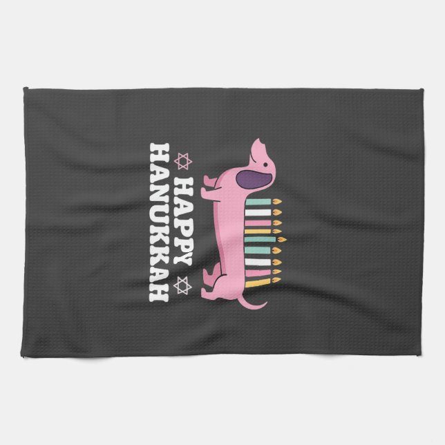 Happy Hanukkah Dachshund Dog Tea Towel (Horizontal)