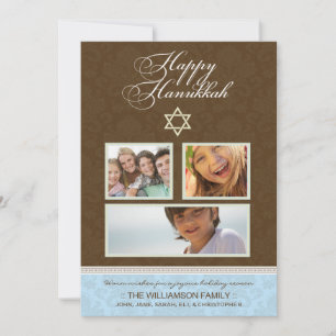 Happy Hanukkah Damask Holiday Card (brown/blue)