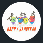 Happy Hanukkah Dancing  Dreidels Classic Round Sticker<br><div class="desc">What a great  Chanukah gift with these dancing dreidels wishing all a Happy Hanukkah.</div>