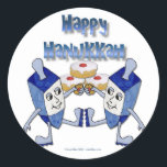 Happy Hanukkah Dancing Dreidels Jelly Doughnut Classic Round Sticker<br><div class="desc">You are viewing The Lee Hiller Design Collection. Apparel,  Gifts & Collectibles Lee Hiller Photography or Digital Art Collection. You can view her Nature photography at http://HikeOurPlanet.com/ and follow her hiking blog within Hot Springs National Park.</div>