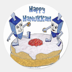 Happy Hanukkah Dancing Dreidels Jelly Doughnut Classic Round Sticker