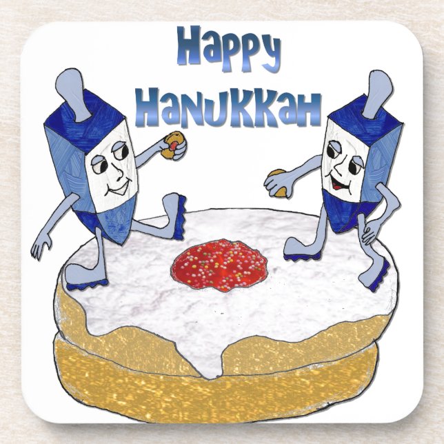 Happy Hanukkah Dancing Dreidels Jelly Doughnut Coaster (Front)