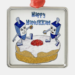 Happy Hanukkah Dancing Dreidels Jelly Doughnut Metal Tree Decoration