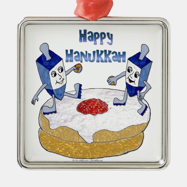 Happy Hanukkah Dancing Dreidels Jelly Doughnut Metal Tree Decoration (Front)