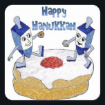 Happy Hanukkah Dancing Dreidels Jelly Doughnut Square Sticker<br><div class="desc">You are viewing The Lee Hiller Design Collection. Apparel,  Gifts & Collectibles Lee Hiller Photography or Digital Art Collection. You can view her Nature photography at http://HikeOurPlanet.com/ and follow her hiking blog within Hot Springs National Park.</div>